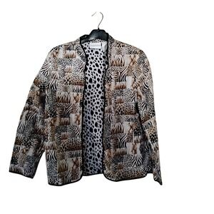 Alfred Dunner Animal Print Patchwork Quilted Jacket Cotton Open Front Size 8